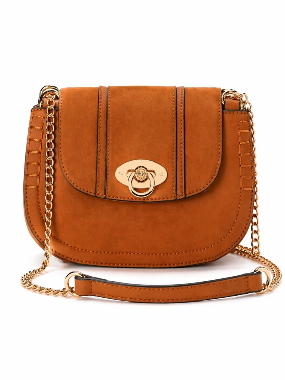 LC‎ LAUREN CONRAD Macaron Saddle Tan Crossbody Bag | Stitched Faux Leather - Picture 2 of 11